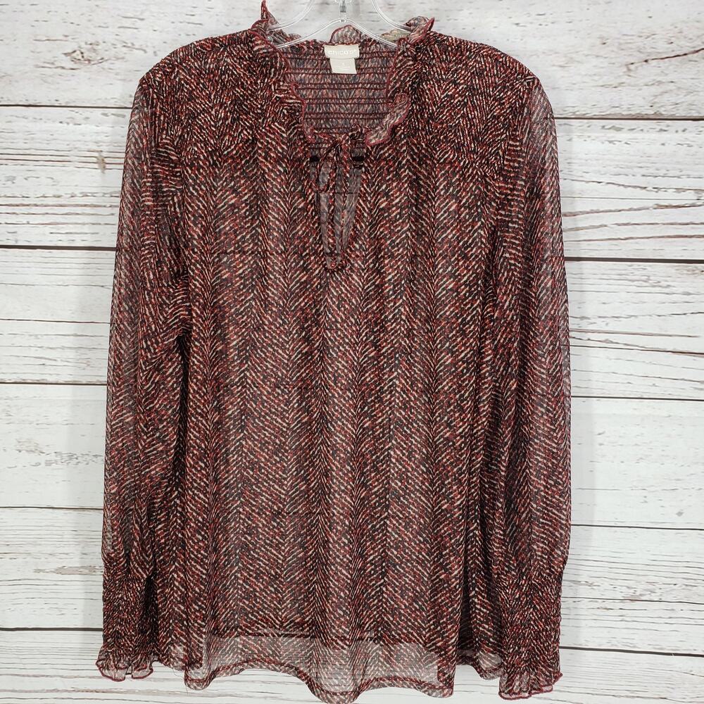 Chico's Herringbone Mesh Sheer Smocked Detail Long Sleeve Top Size 3